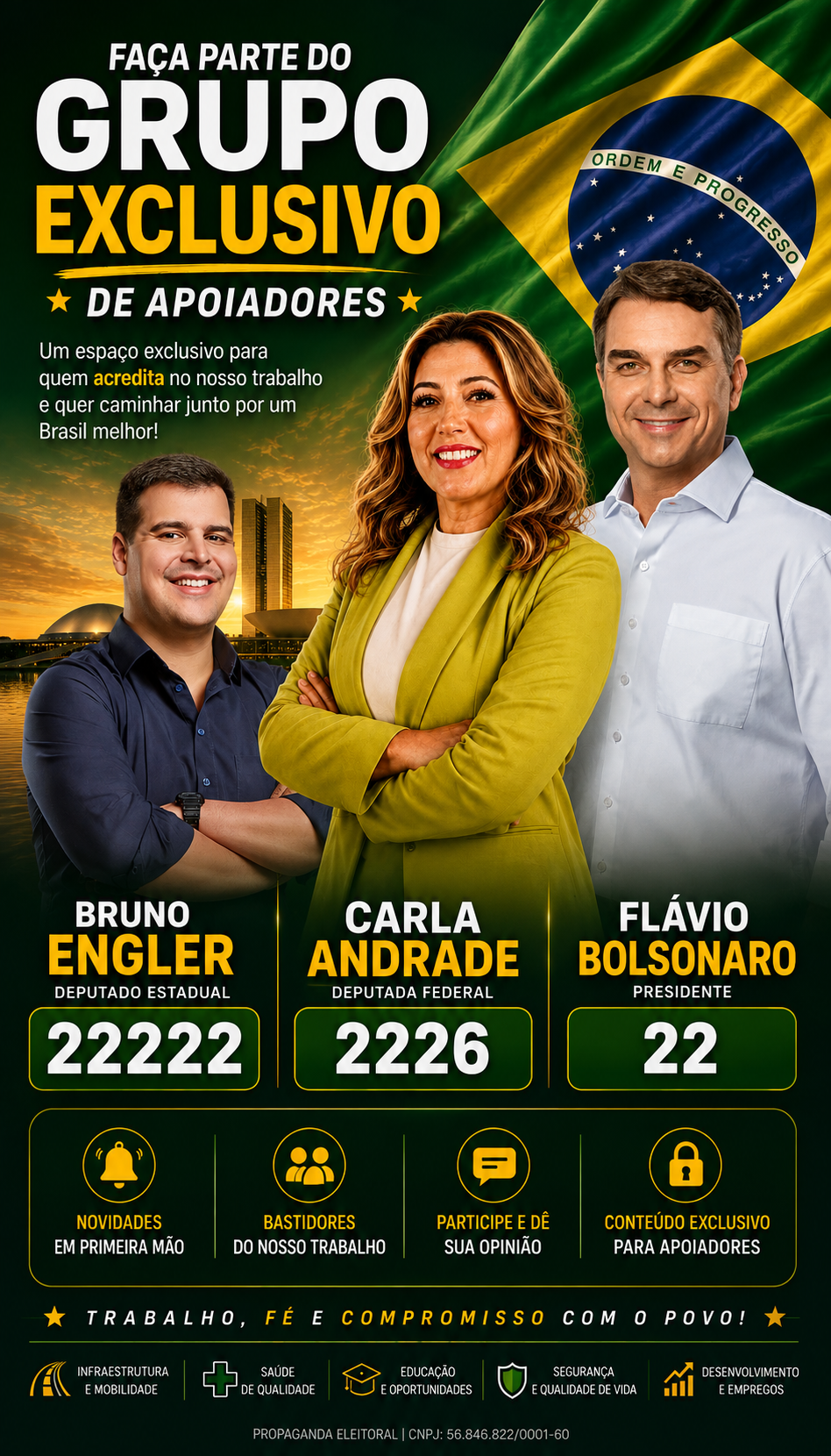 Carla Andrade, Bruno Engler e Flávio Bolsonaro em arte do grupo oficial de apoiadores